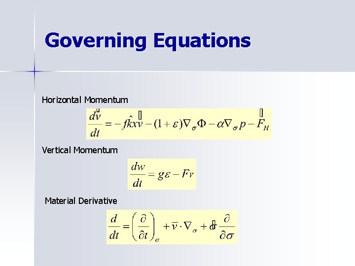 Governing Equations Horizontal Momentum Vertical Momentum Material Derivative 