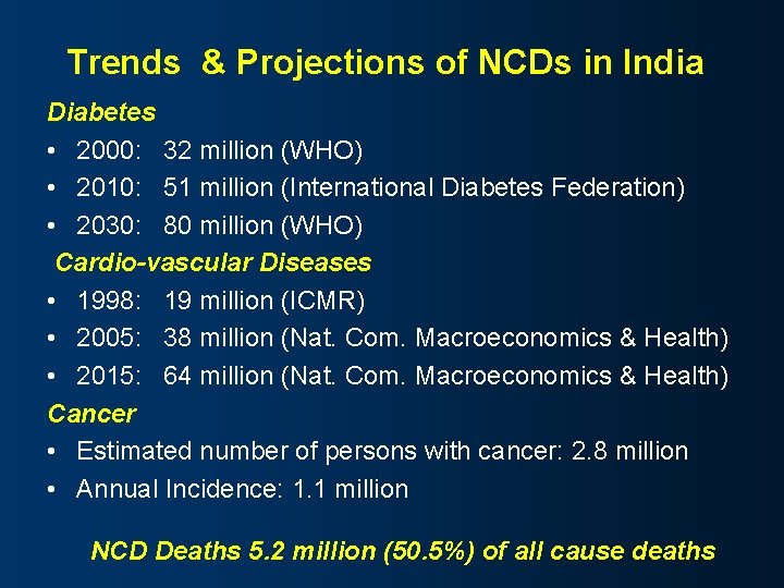 Trends & Projections of NCDs in India Diabetes • 2000: 32 million (WHO) •