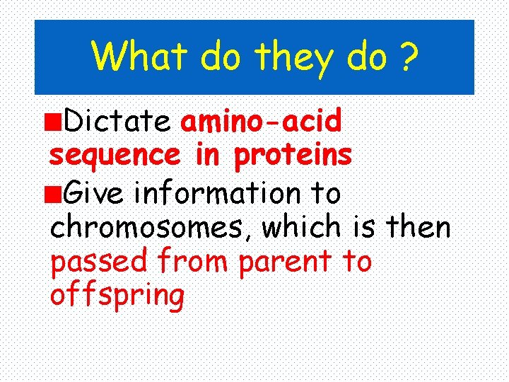 What do they do ? Dictate amino-acid sequence in proteins Give information to chromosomes,