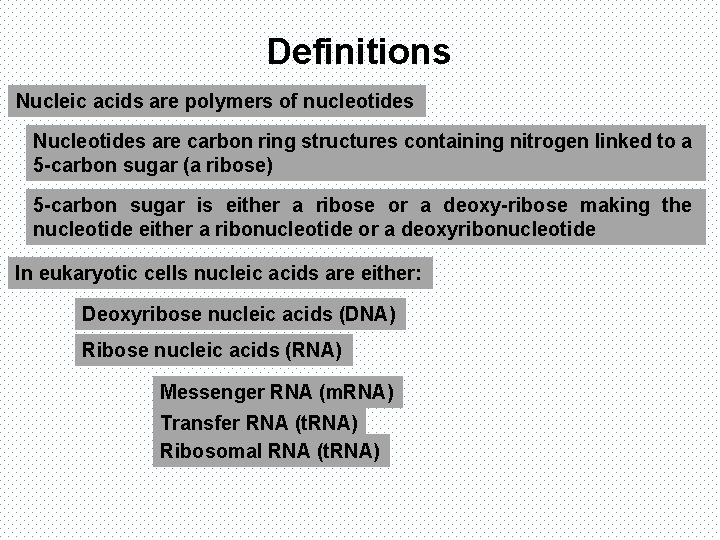 Definitions Nucleic acids are polymers of nucleotides Nucleotides are carbon ring structures containing nitrogen