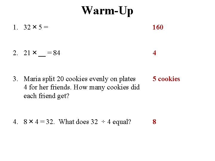 Warm-Up 1. 32 × 5 = 160 2. 21 × __ = 84 4