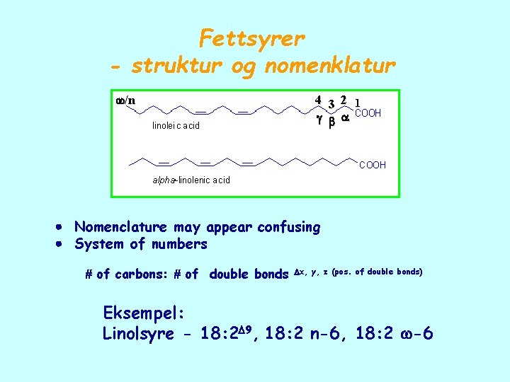 Fettsyrer - struktur og nomenklatur /n 4 3 2 1 Nomenclature may appear confusing