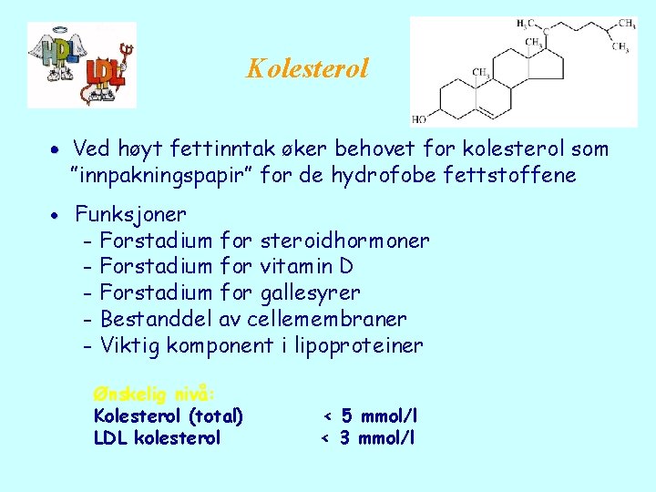 Kolesterol Ved høyt fettinntak øker behovet for kolesterol som ”innpakningspapir” for de hydrofobe fettstoffene