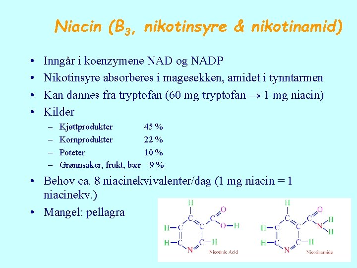 Niacin (B 3, nikotinsyre & nikotinamid) • • Inngår i koenzymene NAD og NADP