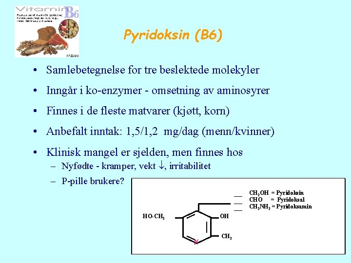 Pyridoksin (B 6) • Samlebetegnelse for tre beslektede molekyler • Inngår i ko-enzymer -