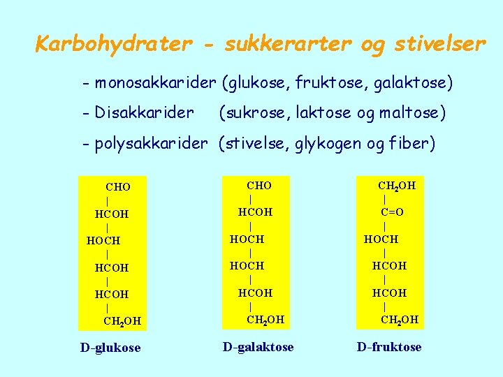 Karbohydrater - sukkerarter og stivelser - monosakkarider (glukose, fruktose, galaktose) - Disakkarider (sukrose, laktose