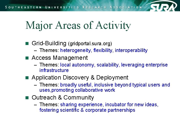 Major Areas of Activity n Grid-Building (gridportal. sura. org) – Themes: heterogeneity, flexibility, interoperability Major Areas of Activity n Grid-Building (gridportal. sura. org) – Themes: heterogeneity, flexibility, interoperability
