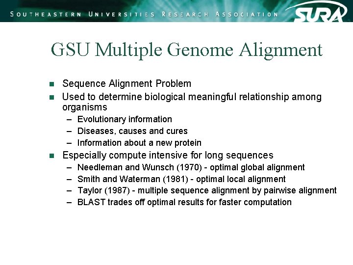 GSU Multiple Genome Alignment Sequence Alignment Problem n Used to determine biological meaningful relationship GSU Multiple Genome Alignment Sequence Alignment Problem n Used to determine biological meaningful relationship