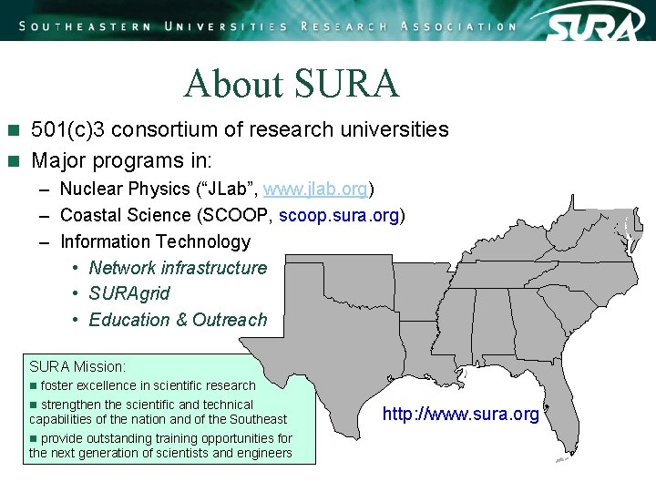 About SURA 501(c)3 consortium of research universities n Major programs in: n – Nuclear About SURA 501(c)3 consortium of research universities n Major programs in: n – Nuclear
