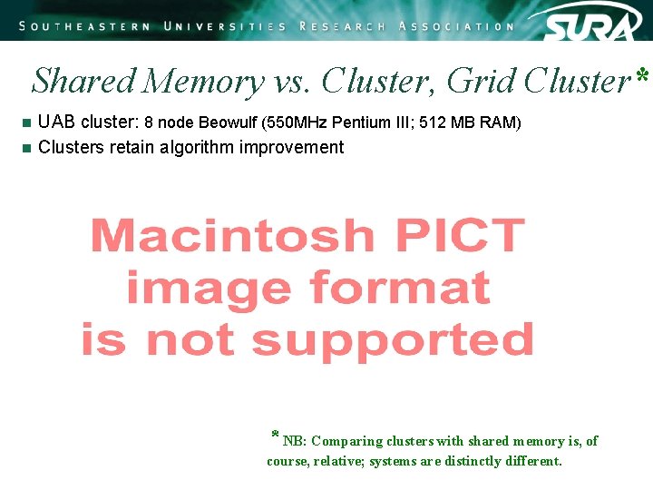 Shared Memory vs. Cluster, Grid Cluster* UAB cluster: 8 node Beowulf (550 MHz Pentium Shared Memory vs. Cluster, Grid Cluster* UAB cluster: 8 node Beowulf (550 MHz Pentium