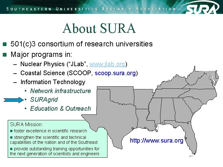About SURA 501(c)3 consortium of research universities n Major programs in: n – Nuclear About SURA 501(c)3 consortium of research universities n Major programs in: n – Nuclear