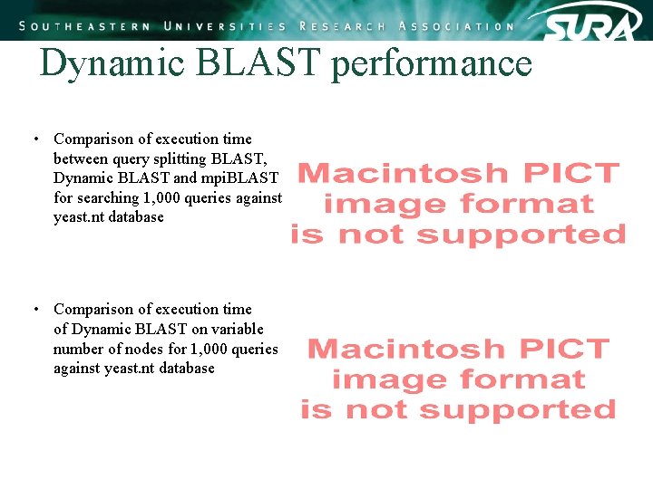 Dynamic BLAST performance • Comparison of execution time between query splitting BLAST, Dynamic BLAST Dynamic BLAST performance • Comparison of execution time between query splitting BLAST, Dynamic BLAST