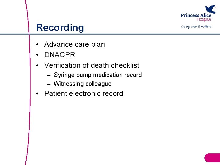 Recording • Advance care plan • DNACPR • Verification of death checklist – Syringe