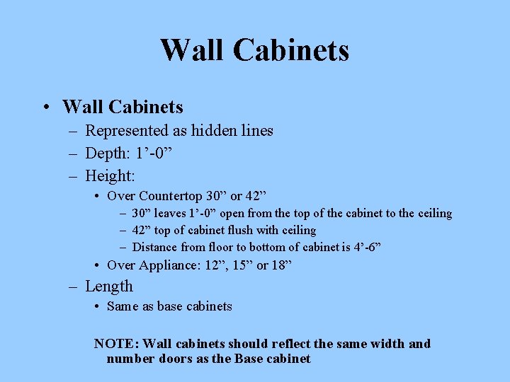 Wall Cabinets • Wall Cabinets – Represented as hidden lines – Depth: 1’-0” –