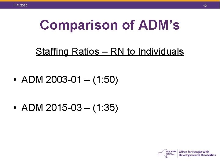 11/1/2020 13 Comparison of ADM’s Staffing Ratios – RN to Individuals • ADM 2003