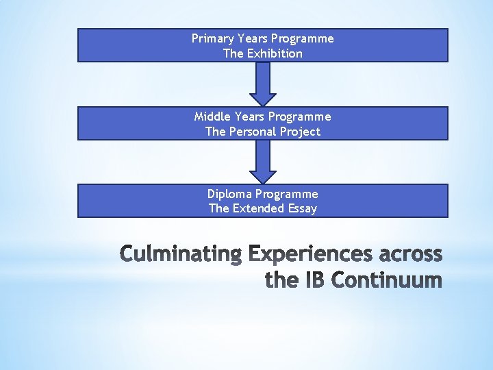 Primary Years Programme The Exhibition Middle Years Programme The Personal Project Diploma Programme The Primary Years Programme The Exhibition Middle Years Programme The Personal Project Diploma Programme The