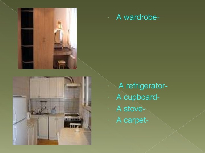  A wardrobe- A refrigerator A cupboard A stove A carpet 
