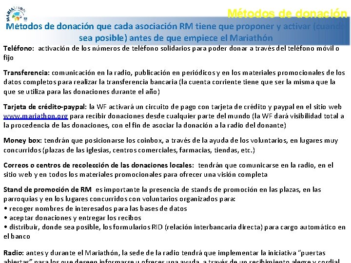 Métodos de donación que cada asociación RM tiene que proponer y activar (cuando sea