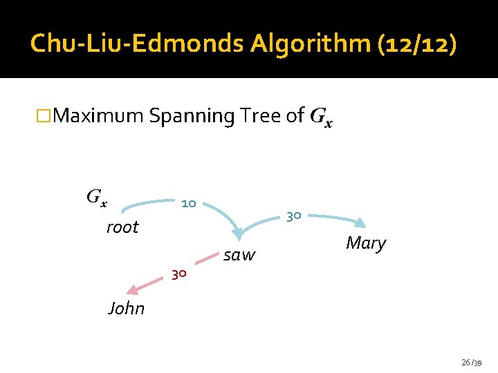 Chu-Liu-Edmonds Algorithm (12/12) �Maximum Spanning Tree of Gx Gx 10 40 30 root 30 Chu-Liu-Edmonds Algorithm (12/12) �Maximum Spanning Tree of Gx Gx 10 40 30 root 30