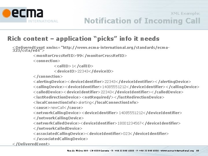 XML Example: Notification of Incoming Call Rich content – application “picks” info it needs