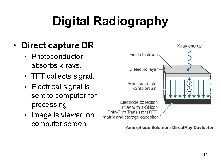 Digital Radiography • Direct capture DR • Photoconductor absorbs x-rays. • TFT collects signal.