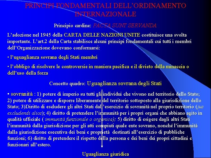 PRINCIPI FONDAMENTALI DELL’ORDINAMENTO INTERNAZIONALE Principio cardine: PACTA SUNT SERVANDA L’adozione nel 1945 della CARTA