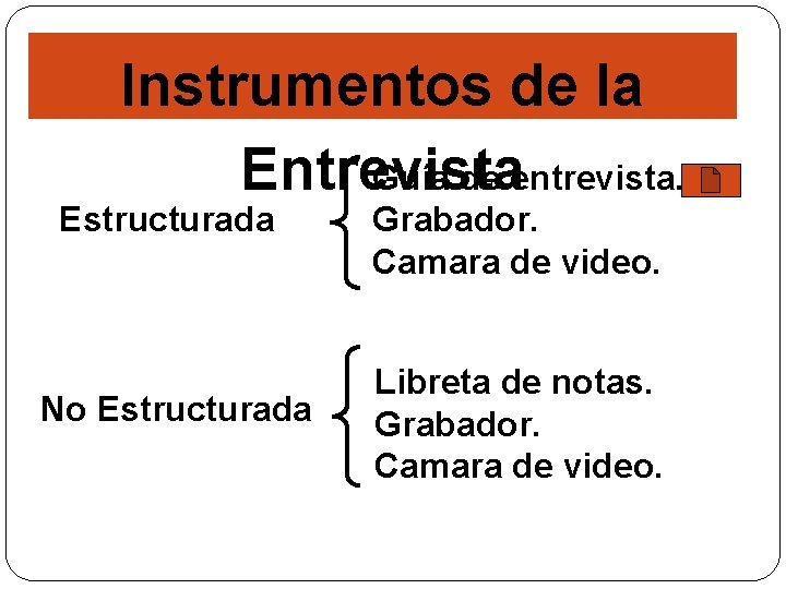 Instrumentos de la Guía de entrevista. Entrevista Estructurada No Estructurada Grabador. Camara de video.