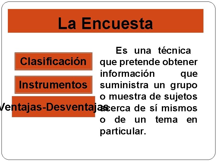 La Encuesta Es una técnica Clasificación que pretende obtener información que Instrumentos suministra un