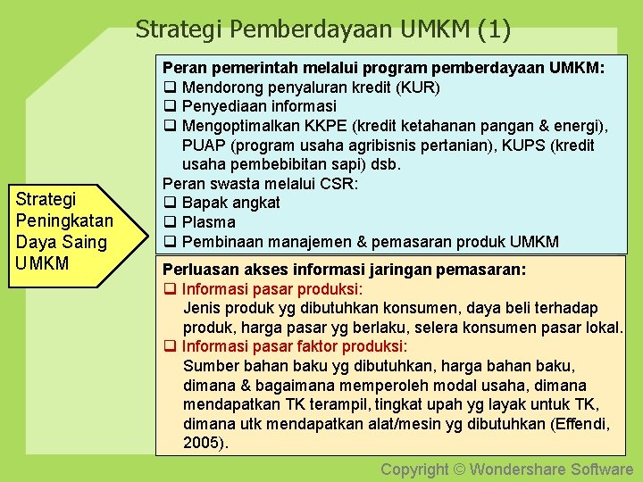Strategi Pemberdayaan UMKM (1) Strategi Peningkatan Daya Saing UMKM Peran pemerintah melalui program pemberdayaan