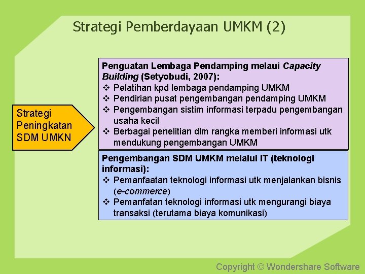 Strategi Pemberdayaan UMKM (2) Strategi Peningkatan SDM UMKN Penguatan Lembaga Pendamping melaui Capacity Building