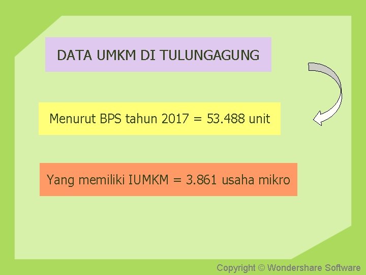 DATA UMKM DI TULUNGAGUNG Menurut BPS tahun 2017 = 53. 488 unit Yang memiliki