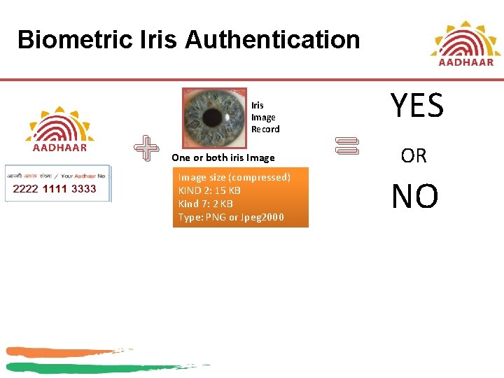 Biometric Iris Authentication + Iris Image Record One or both iris Image size (compressed)