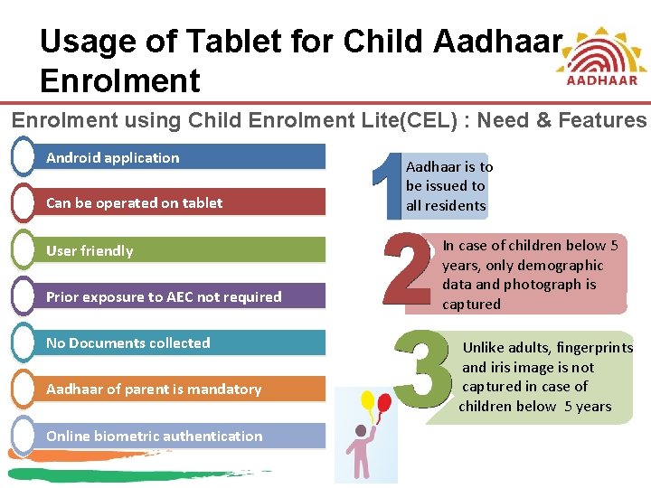 Usage of Tablet for Child Aadhaar Enrolment using Child Enrolment Lite(CEL) : Need &