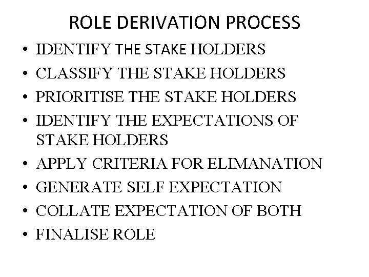 ROLE DERIVATION PROCESS • • IDENTIFY THE STAKE HOLDERS CLASSIFY THE STAKE HOLDERS PRIORITISE