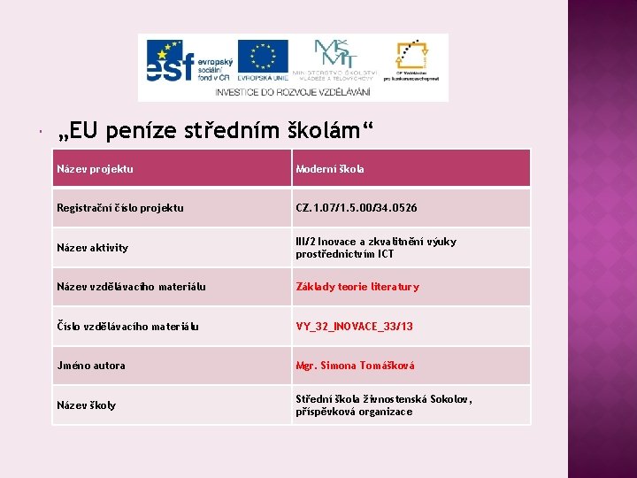  „EU peníze středním školám“ Název projektu Moderní škola Registrační číslo projektu CZ. 1.