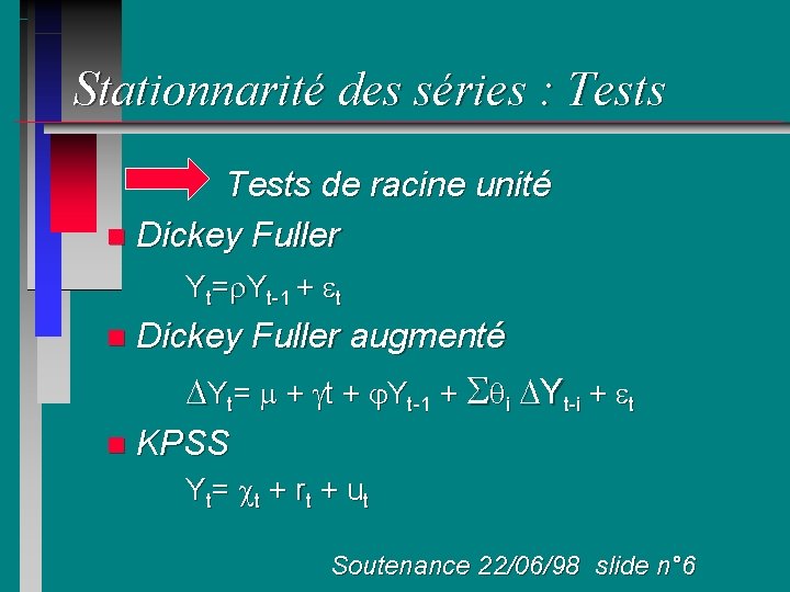 Stationnarité des séries : Tests de racine unité n Dickey Fuller Yt= Yt-1 +