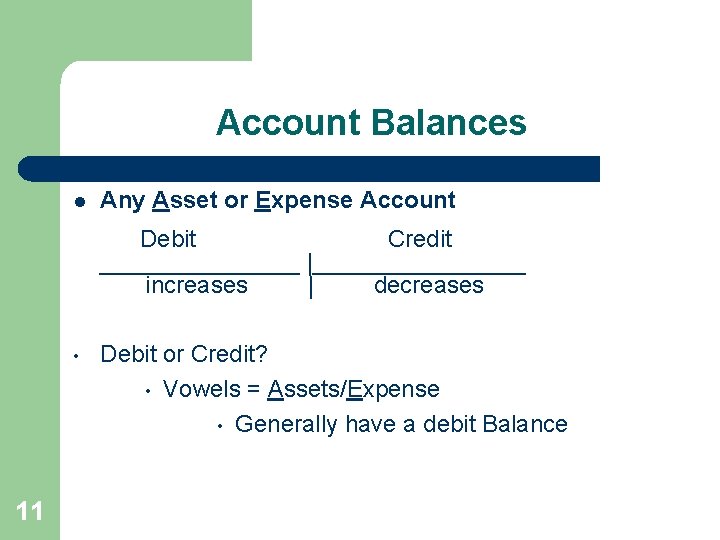 Account Balances l Any Asset or Expense Account Debit Credit ________ |________ increases |