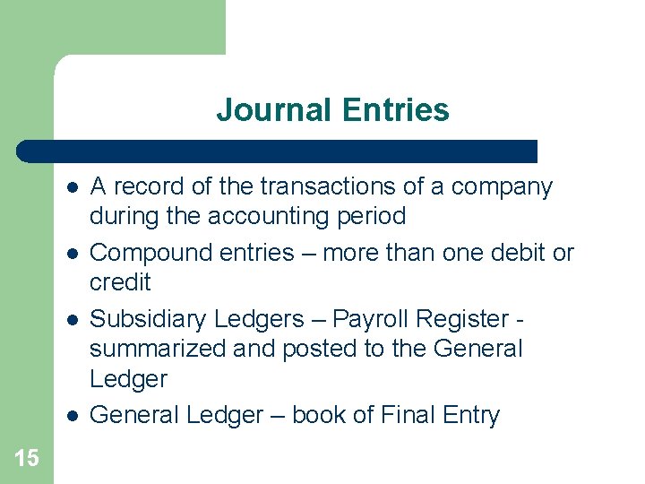 Journal Entries l l 15 A record of the transactions of a company during