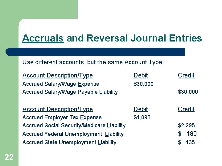 Accruals and Reversal Journal Entries Use different accounts, but the same Account Type. Account