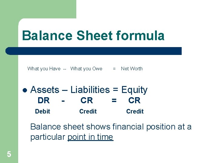 Balance Sheet formula What you Have -- What you Owe = Net Worth l