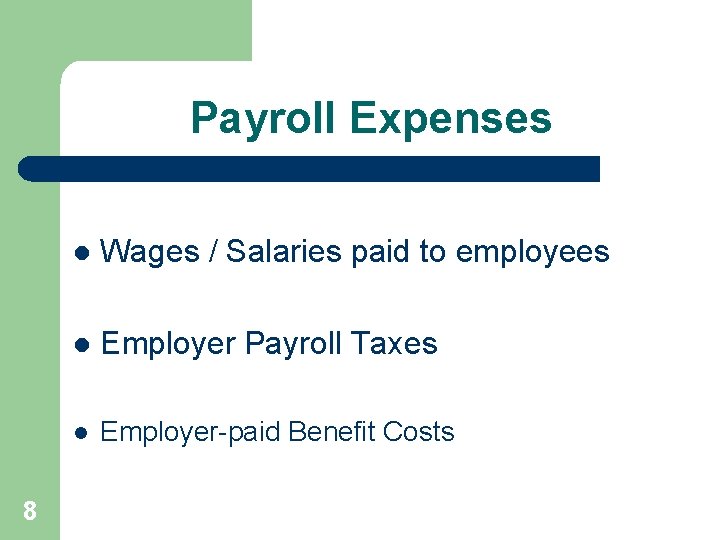 Payroll Expenses 8 l Wages / Salaries paid to employees l Employer Payroll Taxes