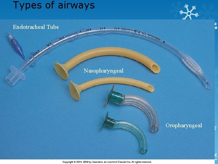 Types of airways Endotracheal Tube Nasopharyngeal Oropharyngeal Slide 20 Copyright © 2014, 2009 by