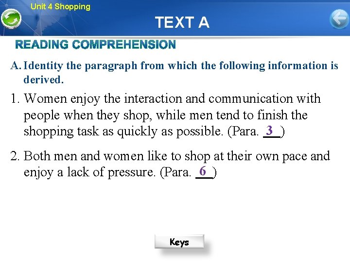 Unit 4 Shopping TEXT A A. Identity the paragraph from which the following information