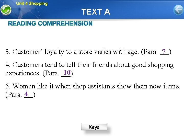 Unit 4 Shopping TEXT A 3. Customer’ loyalty to a store varies with age.