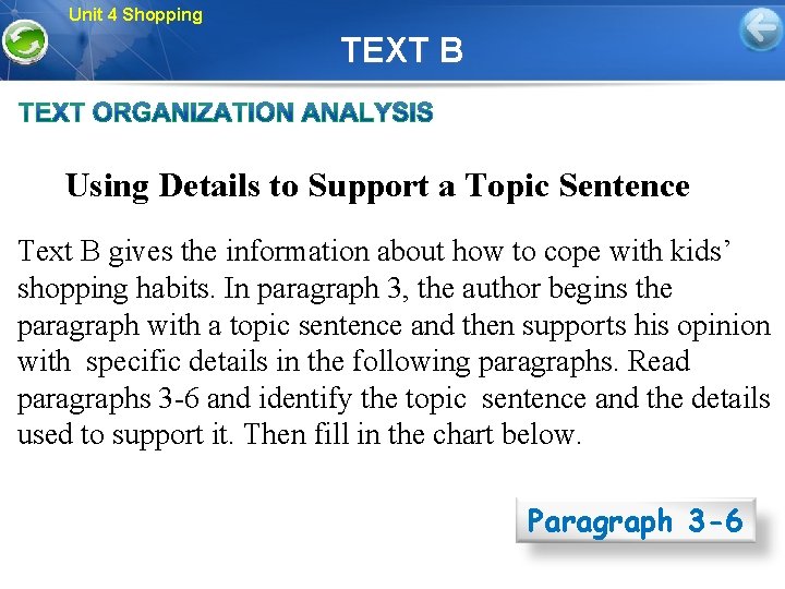 Unit 4 Shopping TEXT B Using Details to Support a Topic Sentence Text B