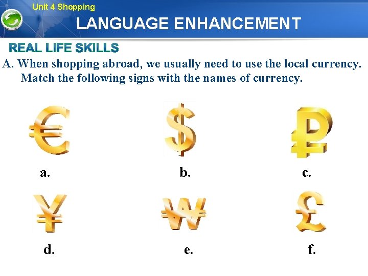 Unit 4 Shopping LANGUAGE ENHANCEMENT A. When shopping abroad, we usually need to use