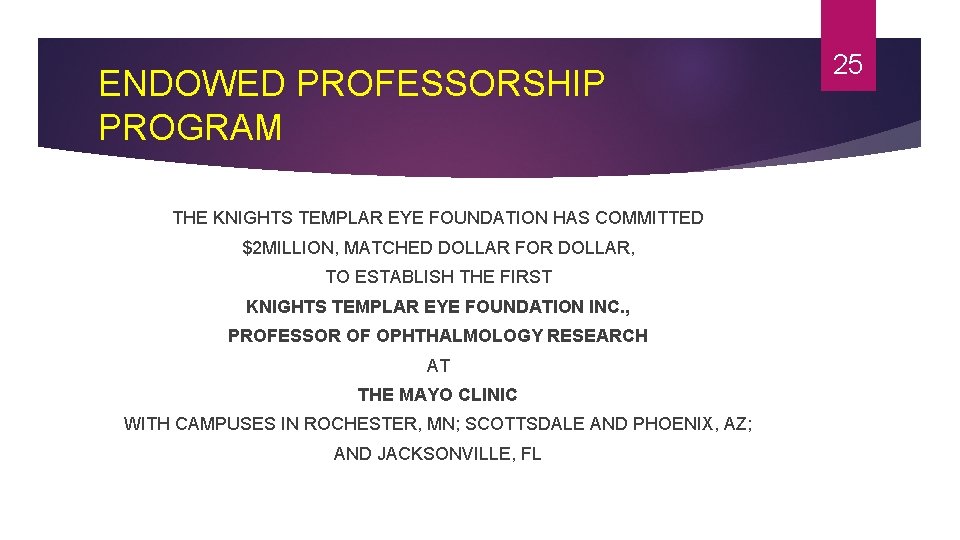 ENDOWED PROFESSORSHIP PROGRAM THE KNIGHTS TEMPLAR EYE FOUNDATION HAS COMMITTED $2 MILLION, MATCHED DOLLAR