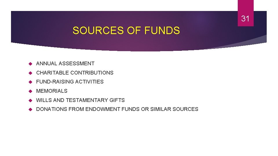 31 SOURCES OF FUNDS ANNUAL ASSESSMENT CHARITABLE CONTRIBUTIONS FUND-RAISING ACTIVITIES MEMORIALS WILLS AND TESTAMENTARY