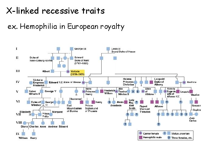 X-linked recessive traits ex. Hemophilia in European royalty 