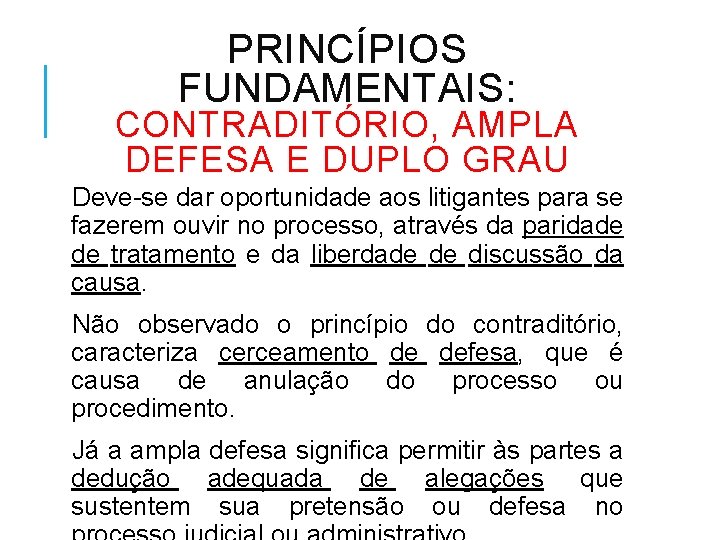 PRINCÍPIOS FUNDAMENTAIS: CONTRADITÓRIO, AMPLA DEFESA E DUPLO GRAU Deve-se dar oportunidade aos litigantes para